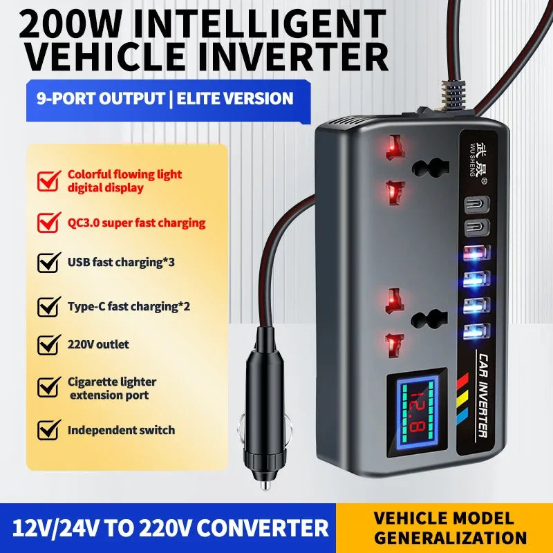 Inversor de Corriente Portátil 12V/24V para Auto — 4 USB + Toma AC 🚗⚡