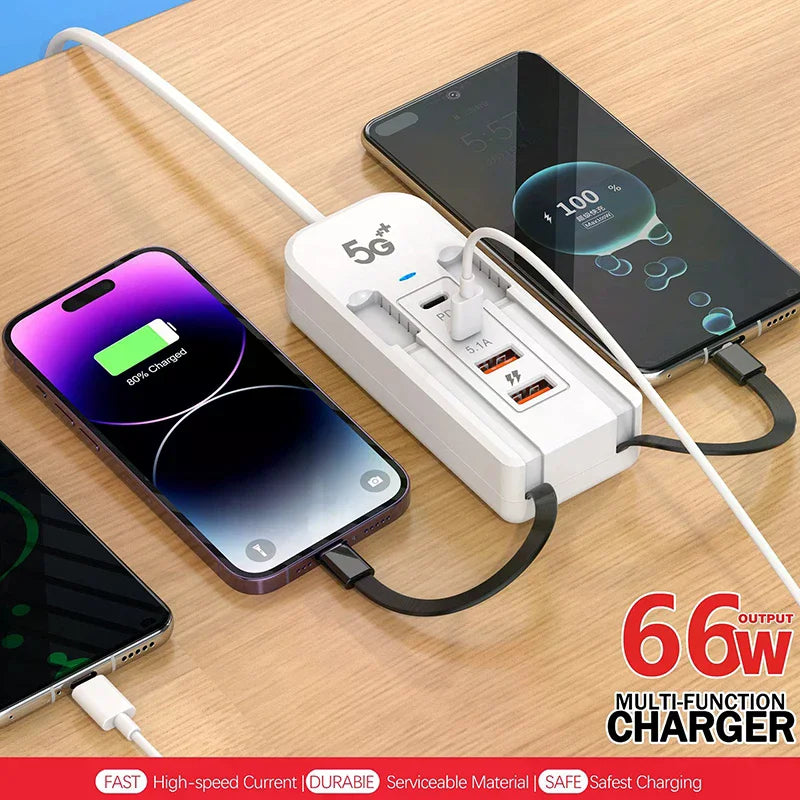 Cargador USB 4 Puertos con Extensión y Carga Rápida PD 🔌