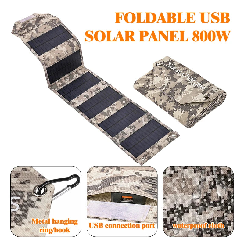 Cargador Solar Plegable con Batería Portátil — USB 5V para Camping y Senderismo