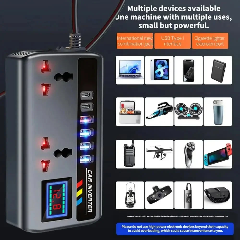 Inversor de Corriente Portátil 12V/24V para Auto — 4 USB + Toma AC 🚗⚡