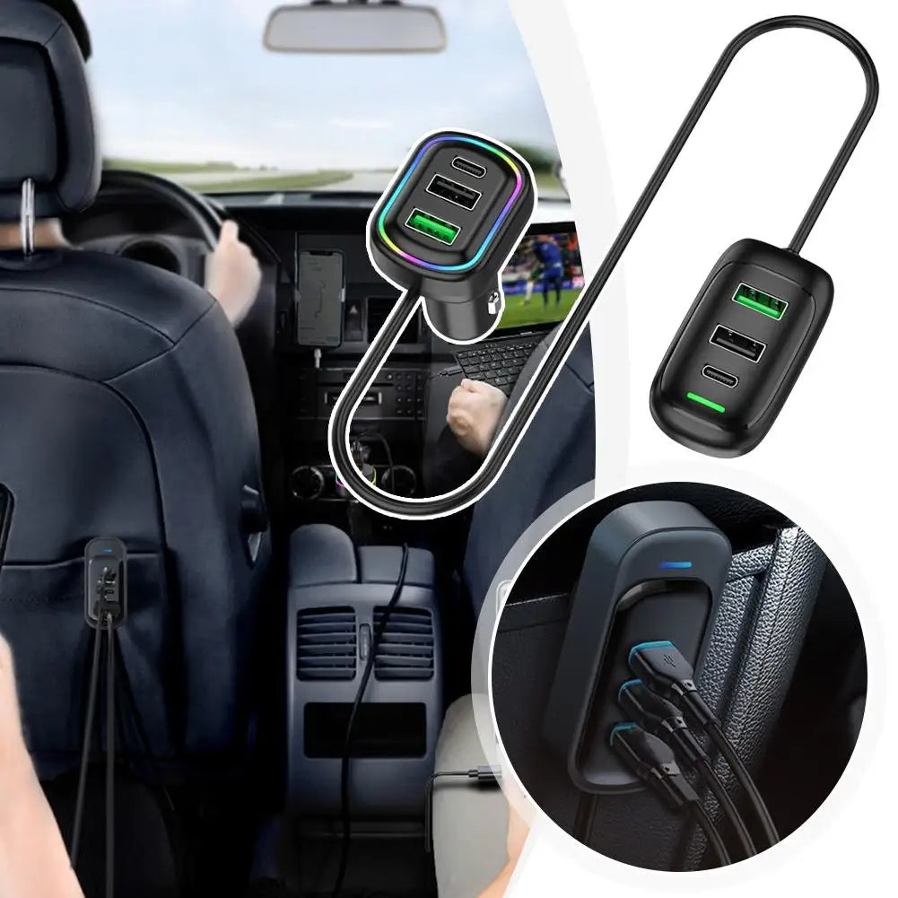 Cargador de Coche USB-C 6 Puertos con Extensión y Luz RGB 🚗