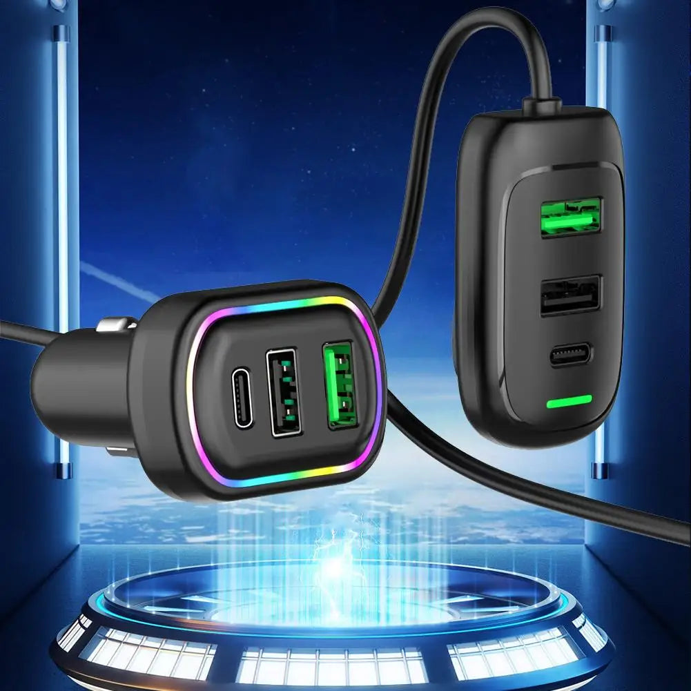 Cargador de Coche USB-C 6 Puertos con Extensión y Luz RGB 🚗