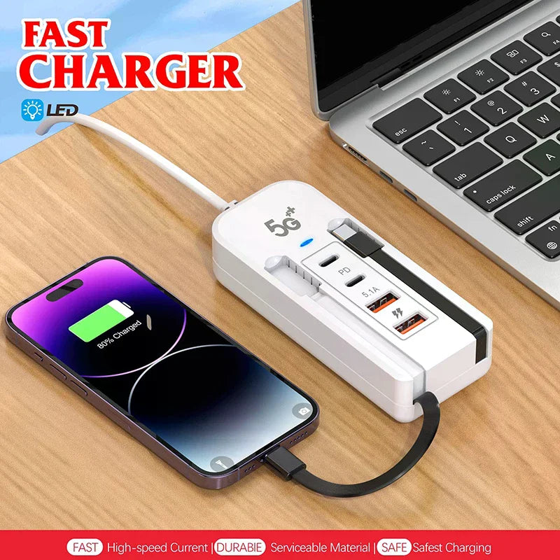Cargador USB 4 Puertos con Extensión y Carga Rápida PD 🔌