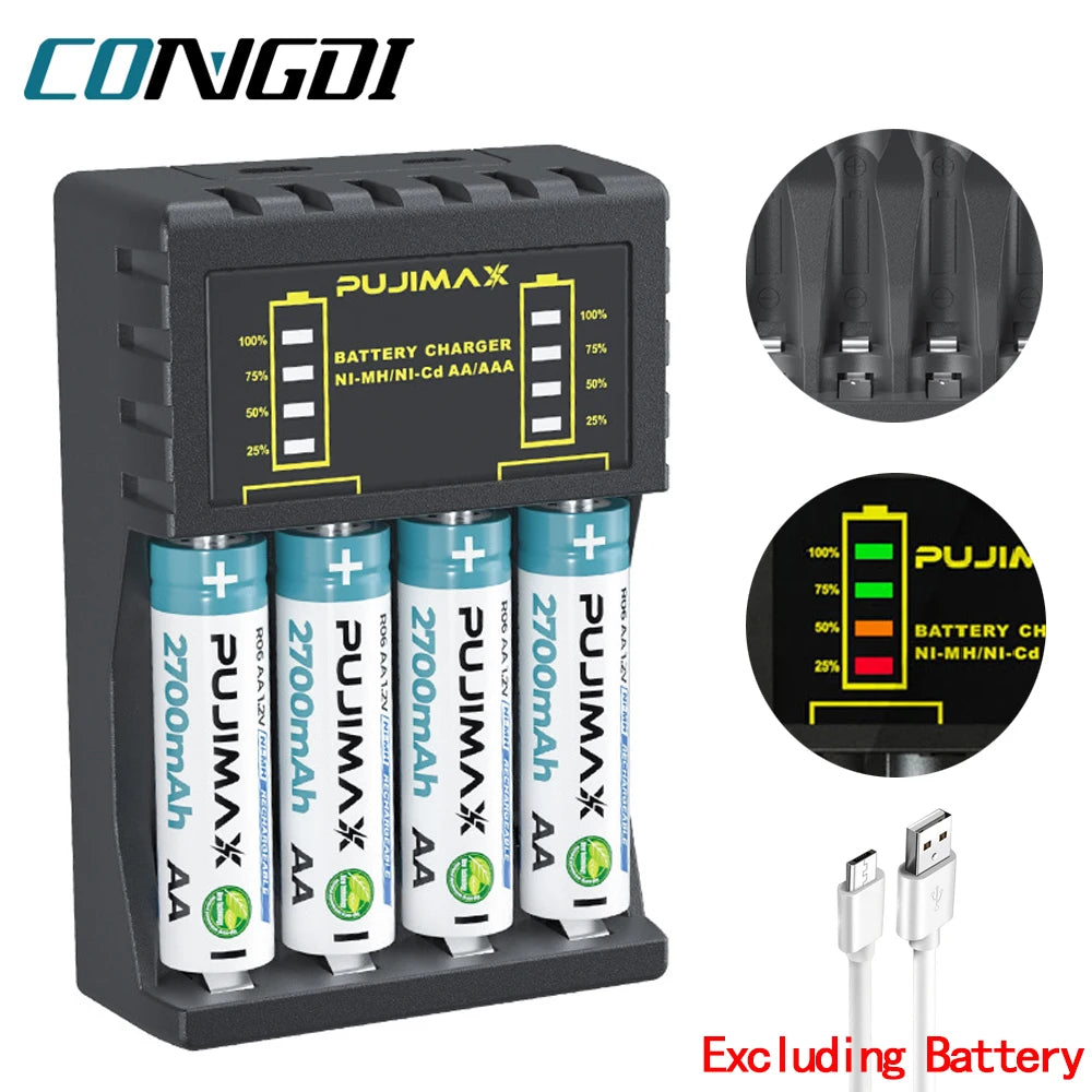 Cargador de Baterías AA/AAA 4 Ranuras con LED — USB-C Carga Rápida 🔋