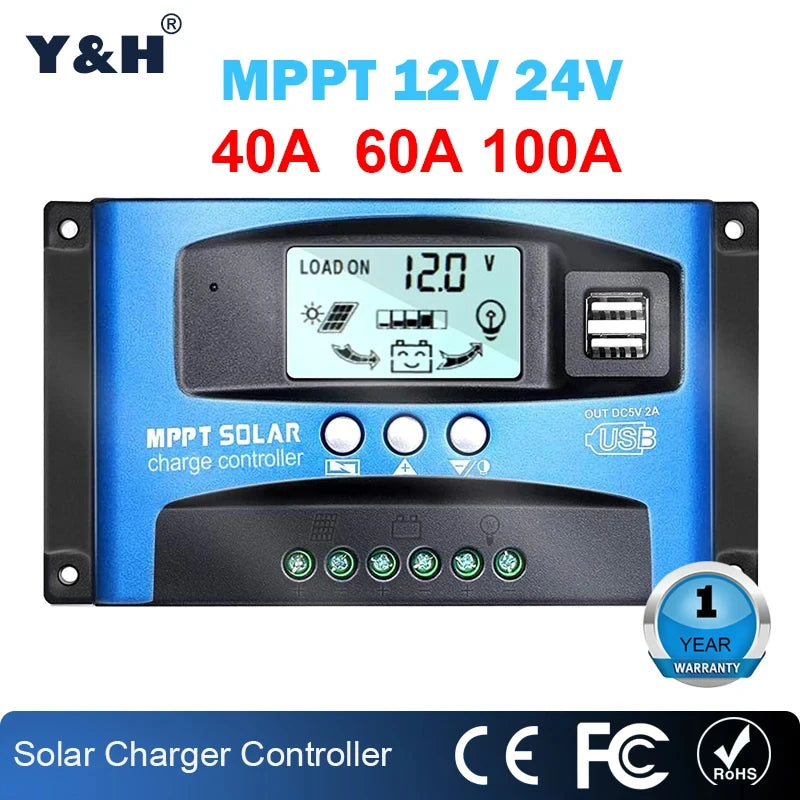 Controlador de Carga Solar MPPT — 40A / 60A / 100A con LCD y USB