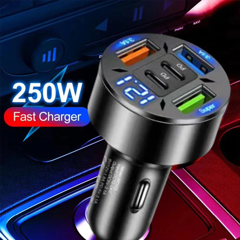 Cargador de Coche 250W 5 Puertos — Carga Rápida PD QC3.0 USB-C 🔌