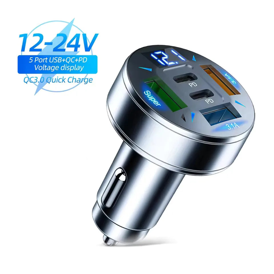 Cargador de Coche 250W 5 Puertos — Carga Rápida PD QC3.0 USB-C 🔌