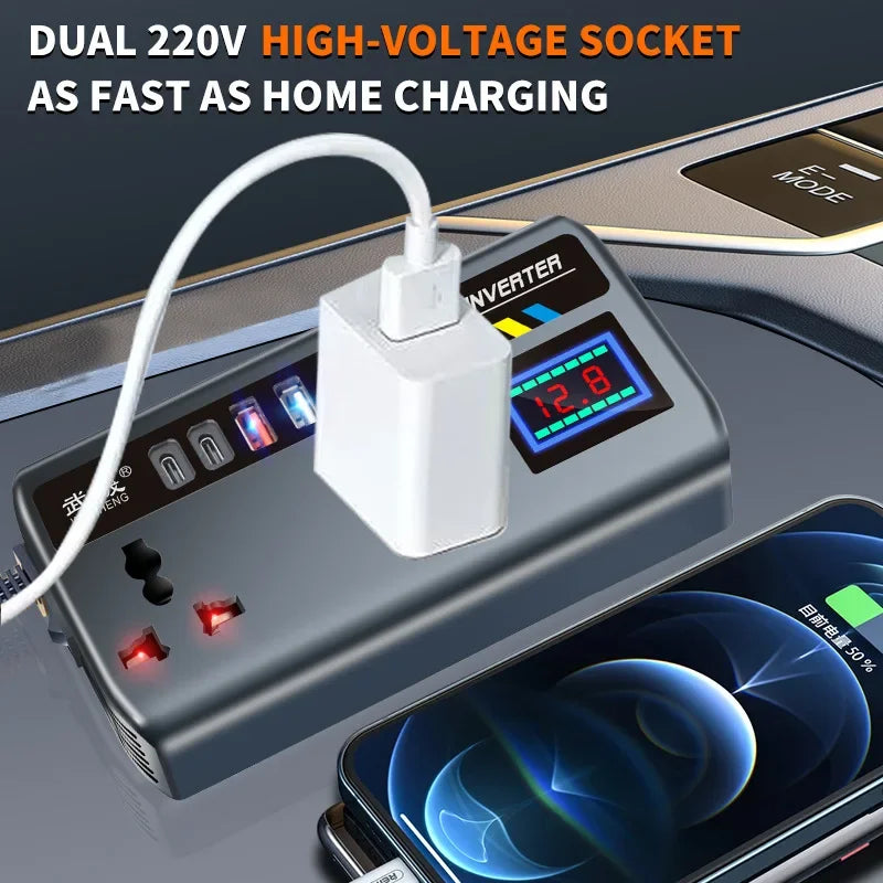 Inversor de Corriente Portátil 12V/24V para Auto — 4 USB + Toma AC 🚗⚡